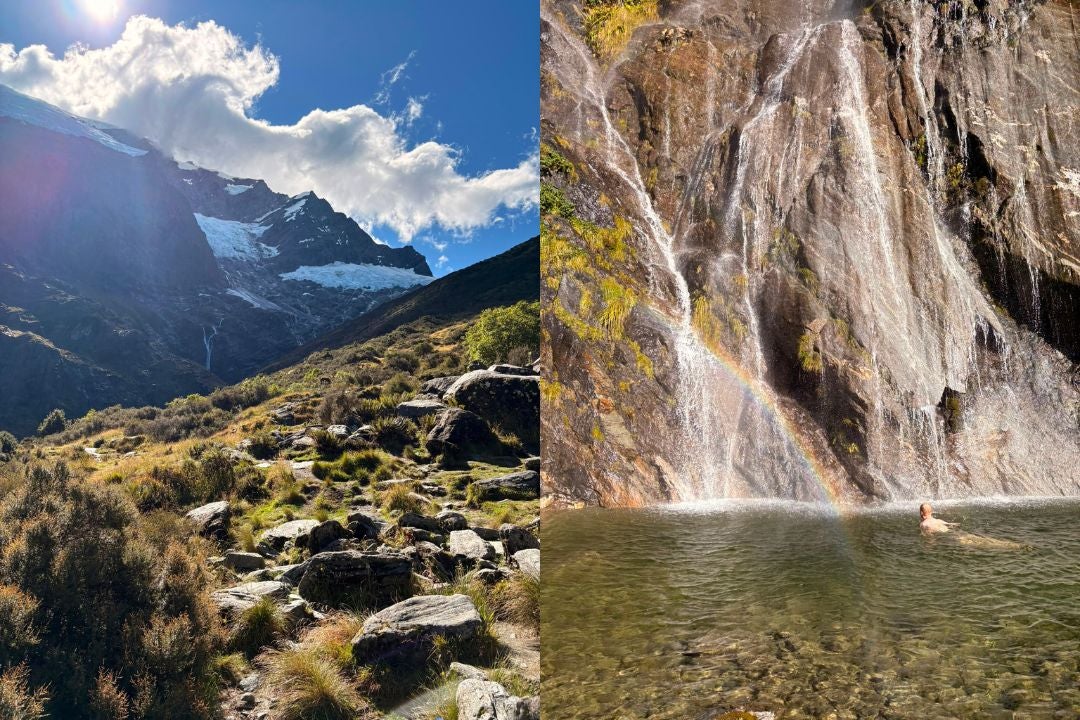 The view at the end of the Rob Roy Glacier Trail (left) and swimming at Wishbone Falls