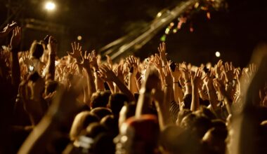 Large group of fans with arms raised having fun on a music concert at night