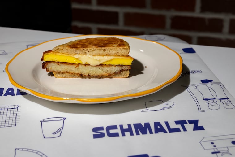 The latke, egg, and cheese sandwich at Schmaltz in Point Breeze.