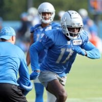 Detroit Lions wide receiver Denzel Mims (17) runs a route during training camp Tuesday, July 25, 2023.