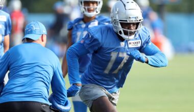 Detroit Lions wide receiver Denzel Mims (17) runs a route during training camp Tuesday, July 25, 2023.