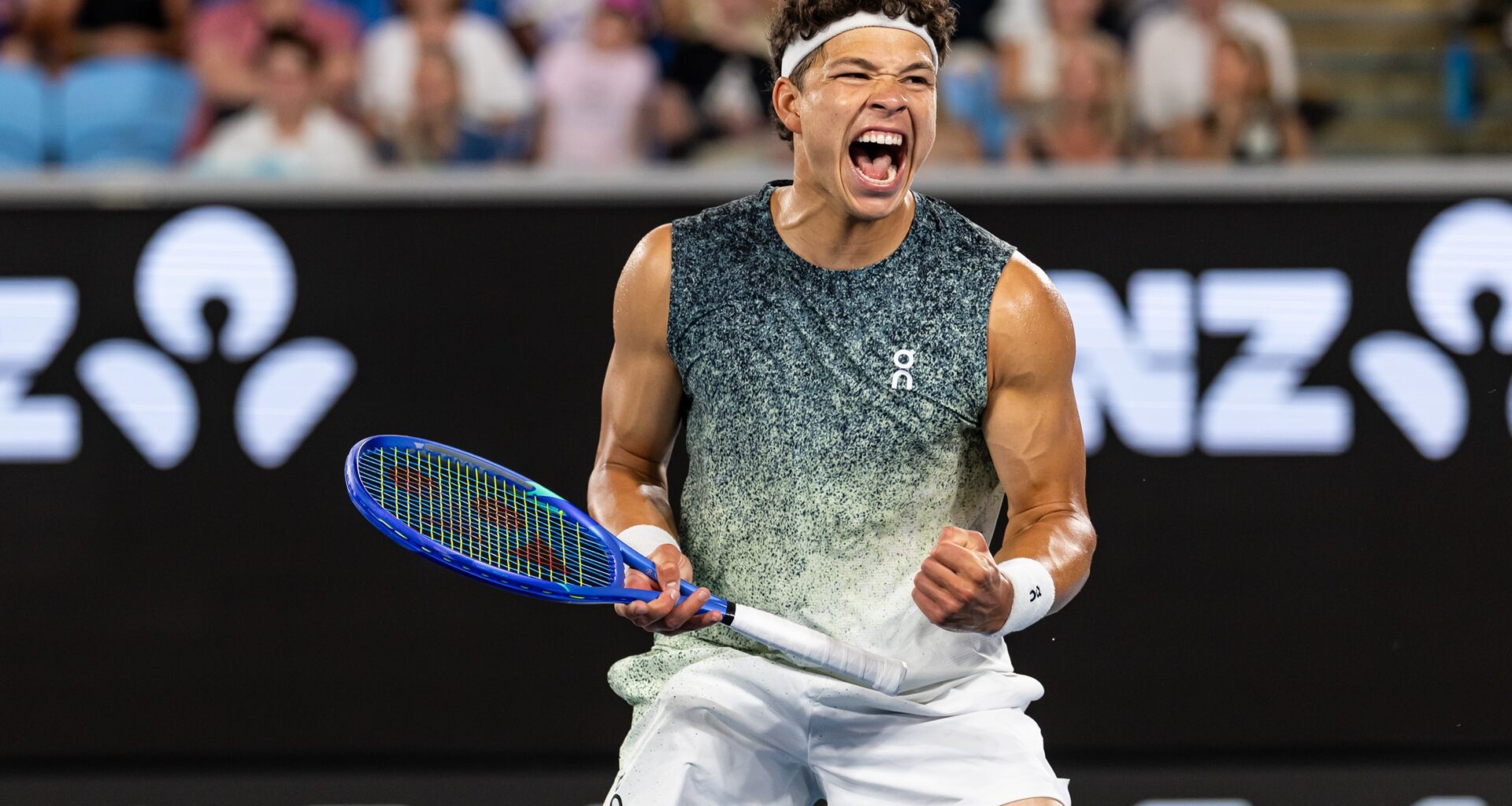 Ben Shelton celebrates a win over Valentin Vacherot at the 2026 Australian Open.