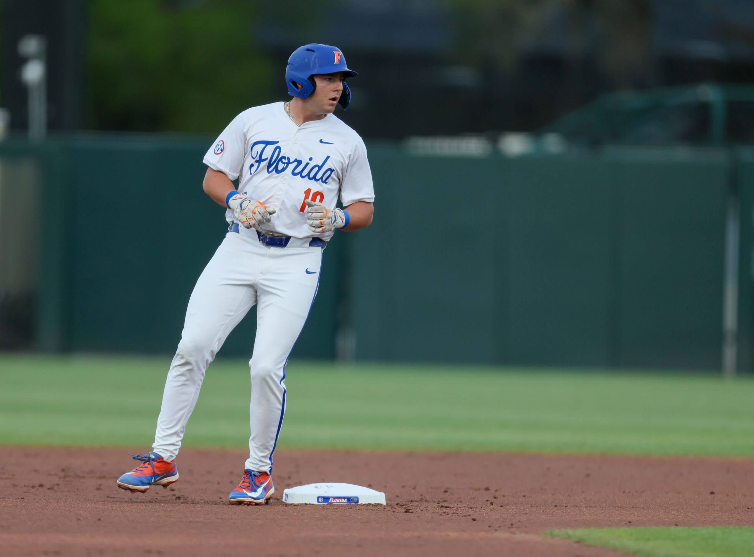 Florida infielder Ethan Surowiec (10) makes second during an NCAA baseball game at Condron Family Ballpark at Alfred A. McKethan Field in Gainesville, FL on Friday, April 24, 2026.