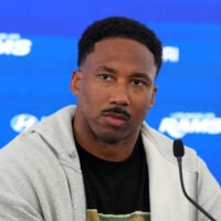 Jun 2, 2026; Woodland Hills, CA, USA; Los Angeles Rams defensive end Myles Garrett at press conference at Rams Practice Facility.