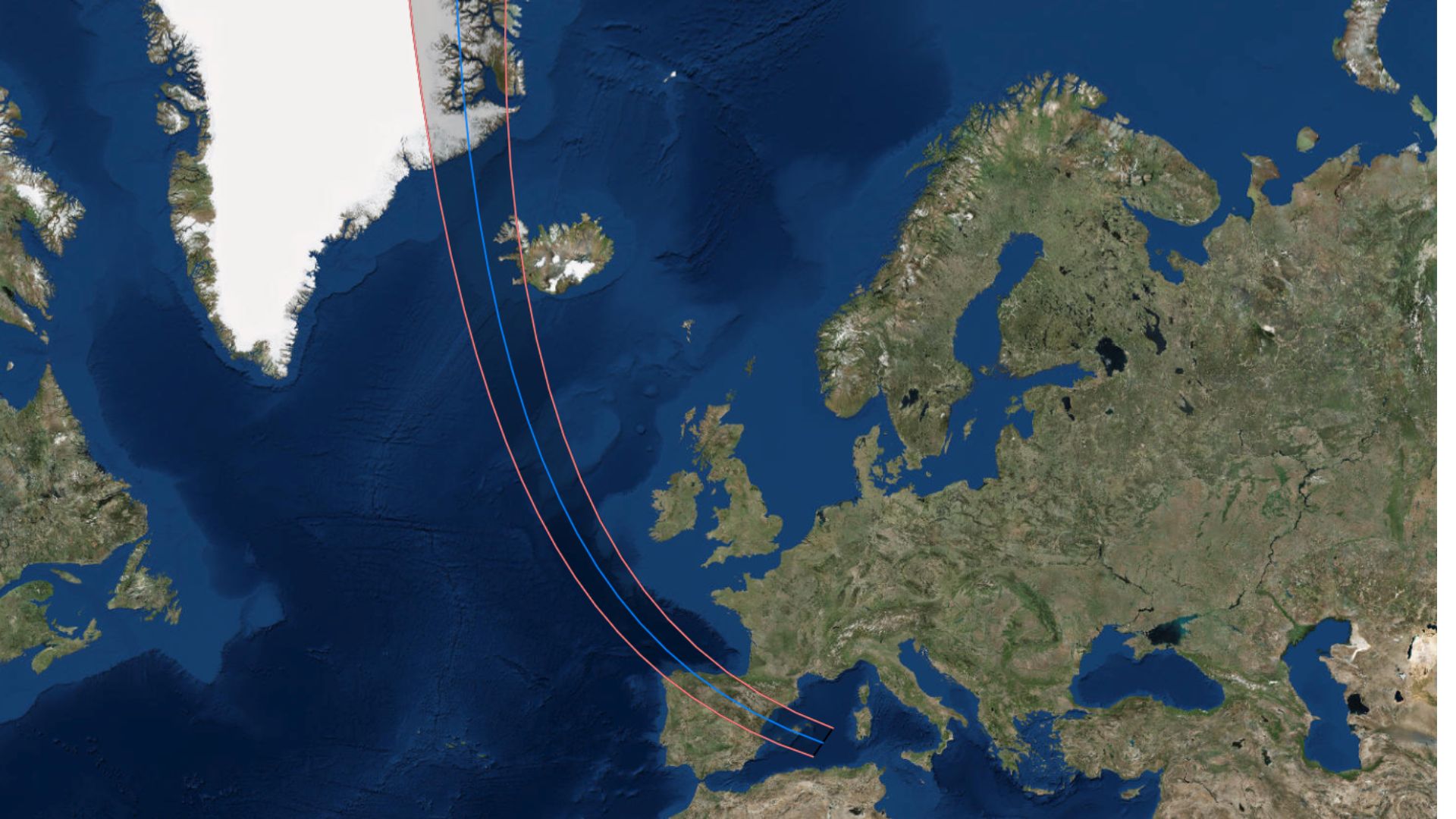 The global path of the total solar eclipse on Aug. 12, 2026. (Image credit: Created and annotated by Jamie Carter using MapHub.net. Source: Esri, Maxar, GeoEye, Earthstar Geographics, CNES/Airbus DS, USDA, USGS, AeroGRID, IGN, and the GIS User Community. Eclipse path by Xavier Jubier)