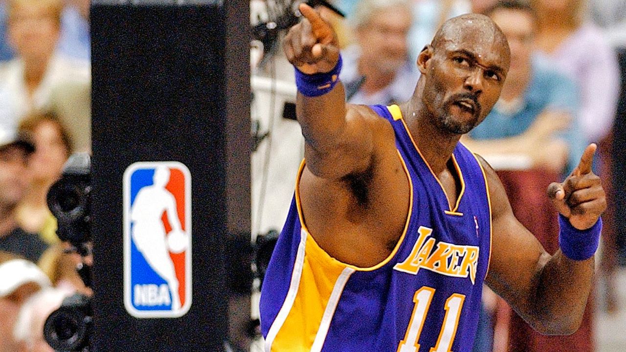 Los Angeles Lakers' Karl Malone reacts to a call in the second quarter of game one of their NBA Western Conference Finals series against the Minnesota Timberwolves in Minneapolis. (Ann Heisenfelt/AP)