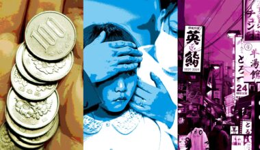 The left image shows a stack of coins, the middle shows a child being taken care of by a woman in a mask and the right shows a sign-lined street of Tokyo.