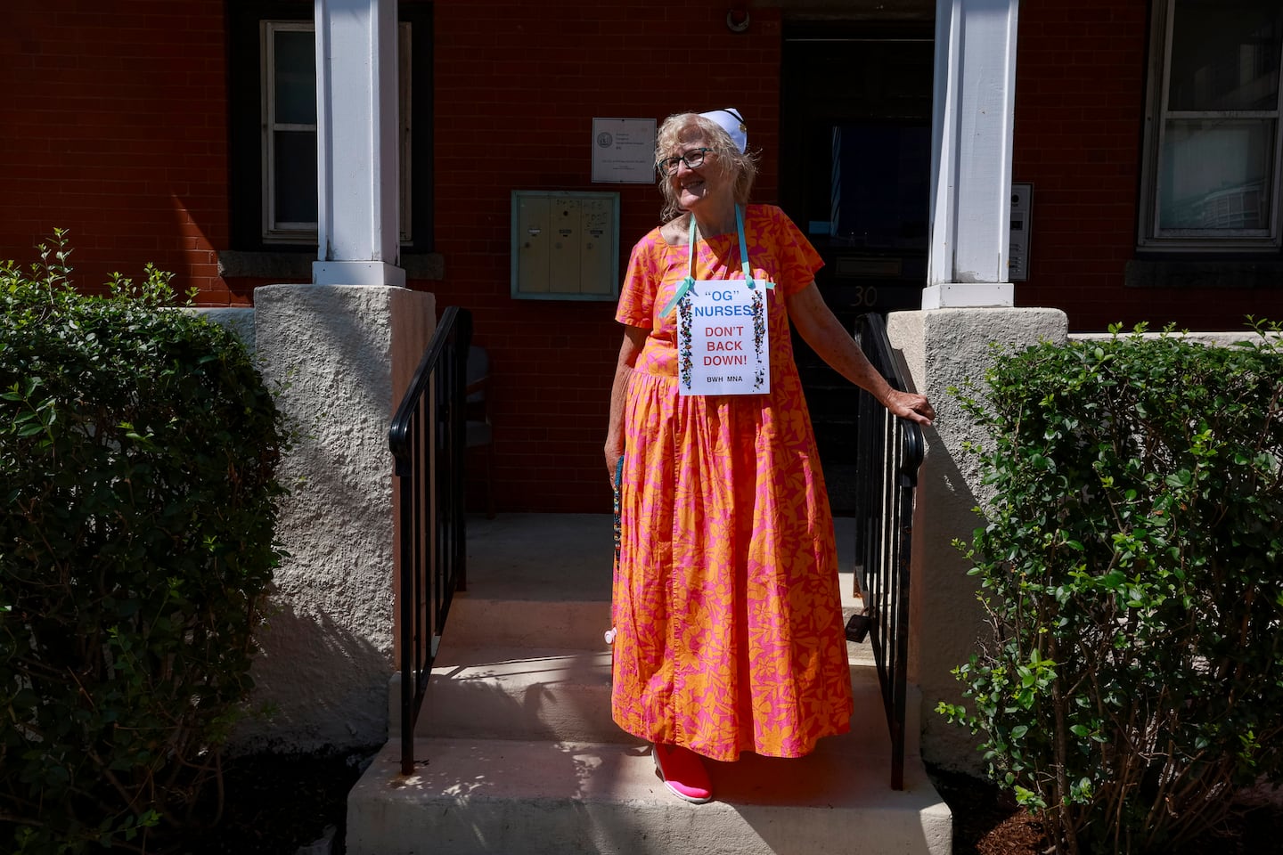 Mary Allendorf-Burns, a retired registered nurse, joined the picket line during the first day of the nurses strike outside Brigham and Women's Hospital on Wednesday.