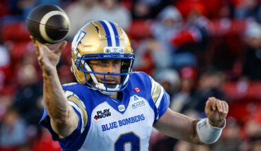 Winnipeg Blue Bombers’ Zach Collaros exits game game against Hamilton with upper-body injury