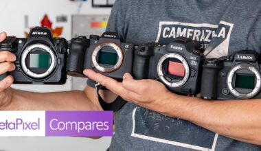 Person holding four mirrorless cameras—Nikon, Sony, Canon, and Lumix—side by side, with no lenses attached. "PetaPixel Compares" text is at the bottom left corner.
