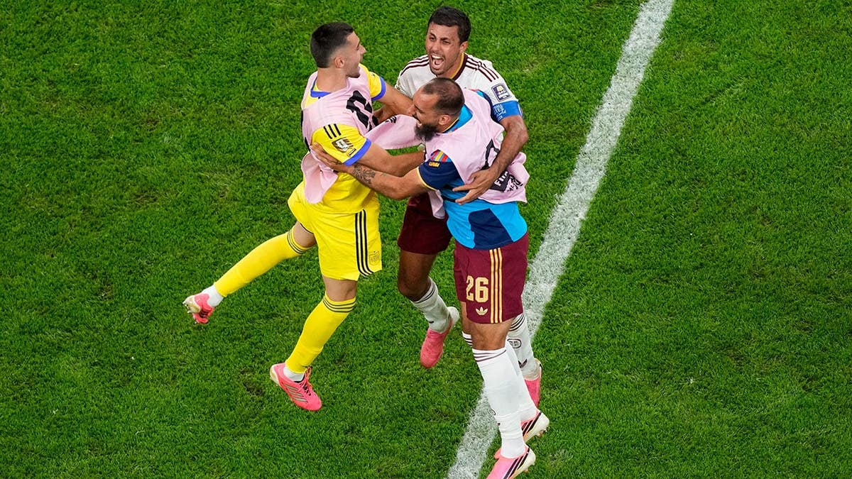 Borja Iglesias celebrates with Rodri after the soccer match.