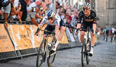 Remco Evenepoel of Red Bull-BORA-hansgrohe and Belgian Rune Herregodts of UAE Team Emirates-XRG sprint to the finish of the 'Natourcriterium Aalst' cycling event, Monday 27 July 2026 in Aalst.