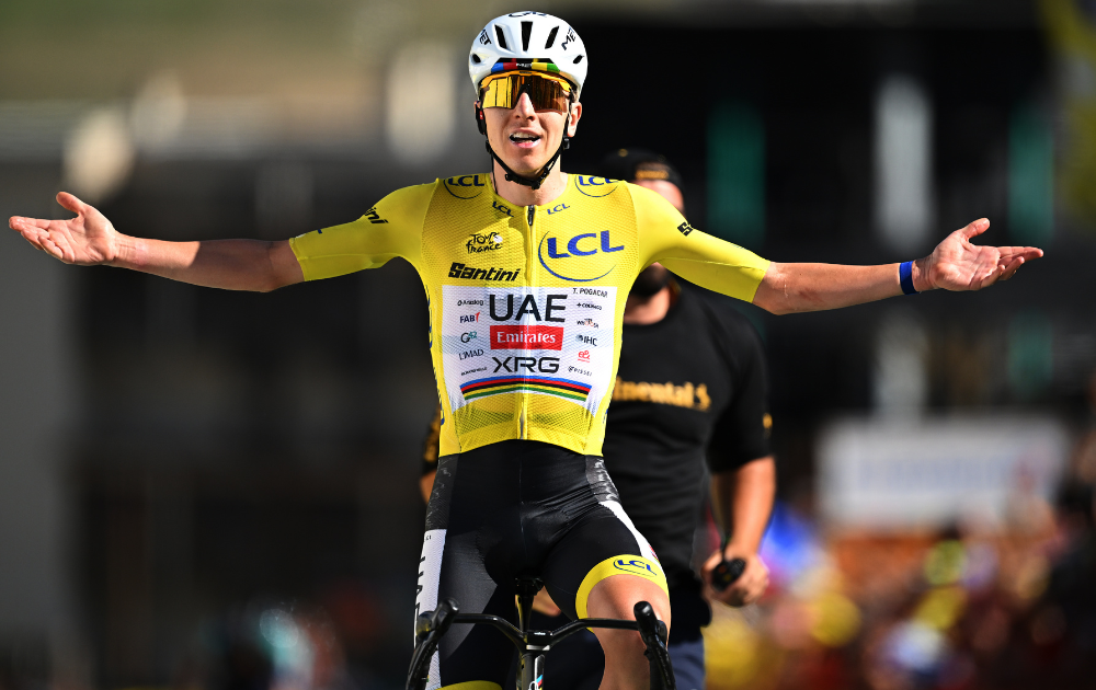 Tadej Pogacar of Slovenia and UAE Team Emirates - XRG - Yellow Leader Jersey celebrates at finish line as stage winner during the 113th Tour de France 2026
