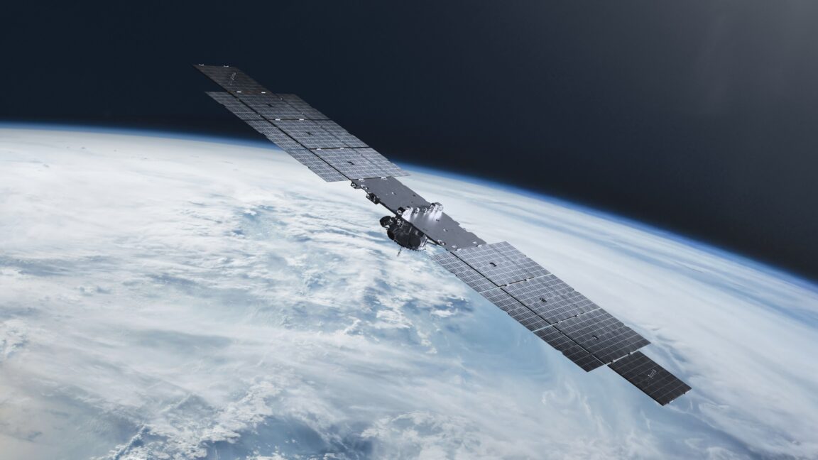 An illustration of a Pulsar satellite developed by Xona Space Systems for providing PNT services from low Earth orbit.