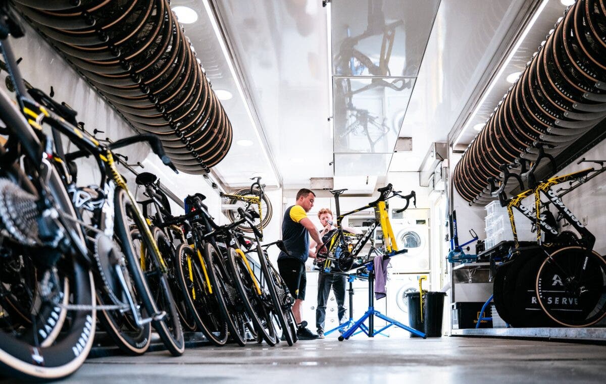 Inside a team's equipment truck at the Tour de France