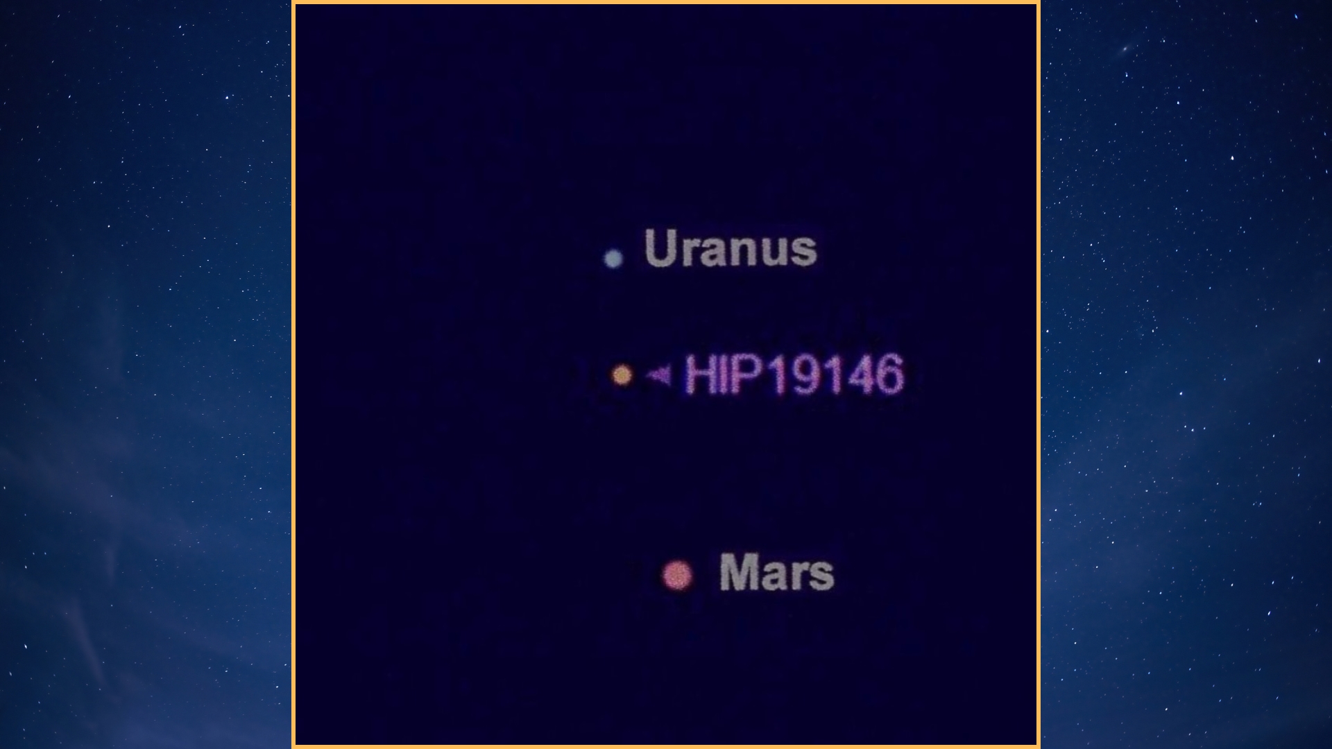 night sky graphic showing Uranus appearing above Mars with HIP19146 in the middle of the two. The background is a night sky graphic showing a starry sky.