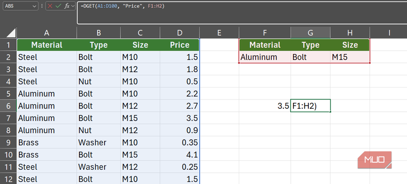 A DGET formula in the formula bar on an Excel spreadsheet.