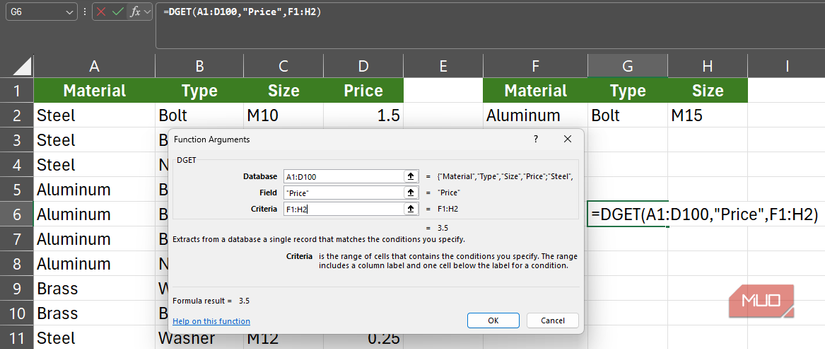 A function argument dialog box specifying the parts of a DGET formula on an Excel spreadsheet.