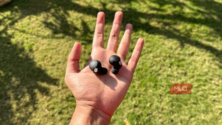 A hand holding out a pair of earbuds in the sun.