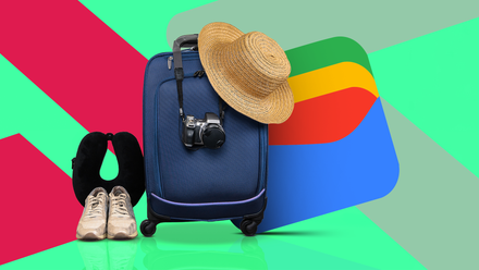 A suitcase with travel accessories in front of a Google Wallet logo