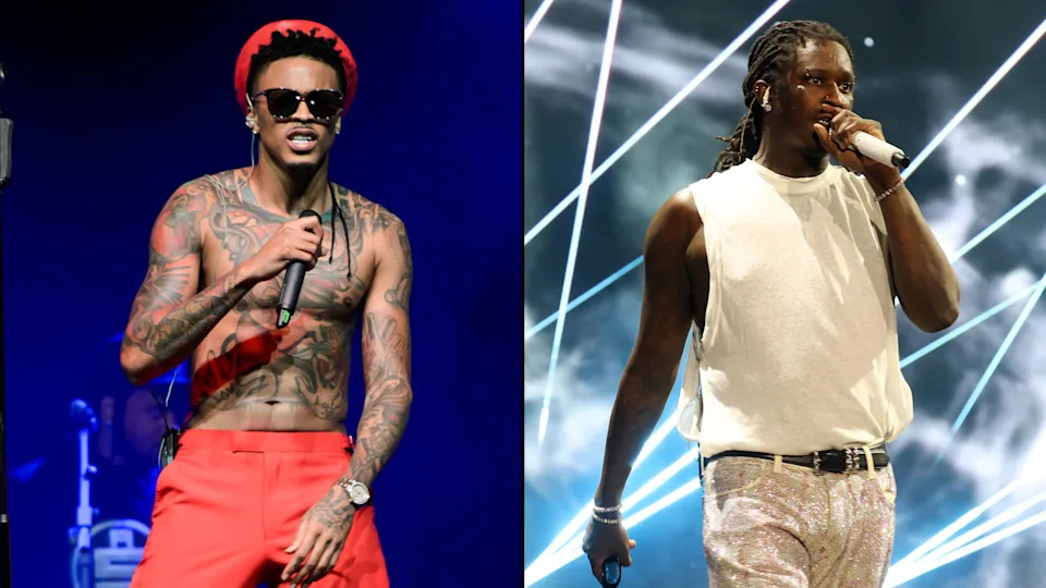 Split image of two performers on stage. Left: August Alsina in red pants and hat, tattoos, sunglasses. Right: Young Thug in white shirt, holding a mic.