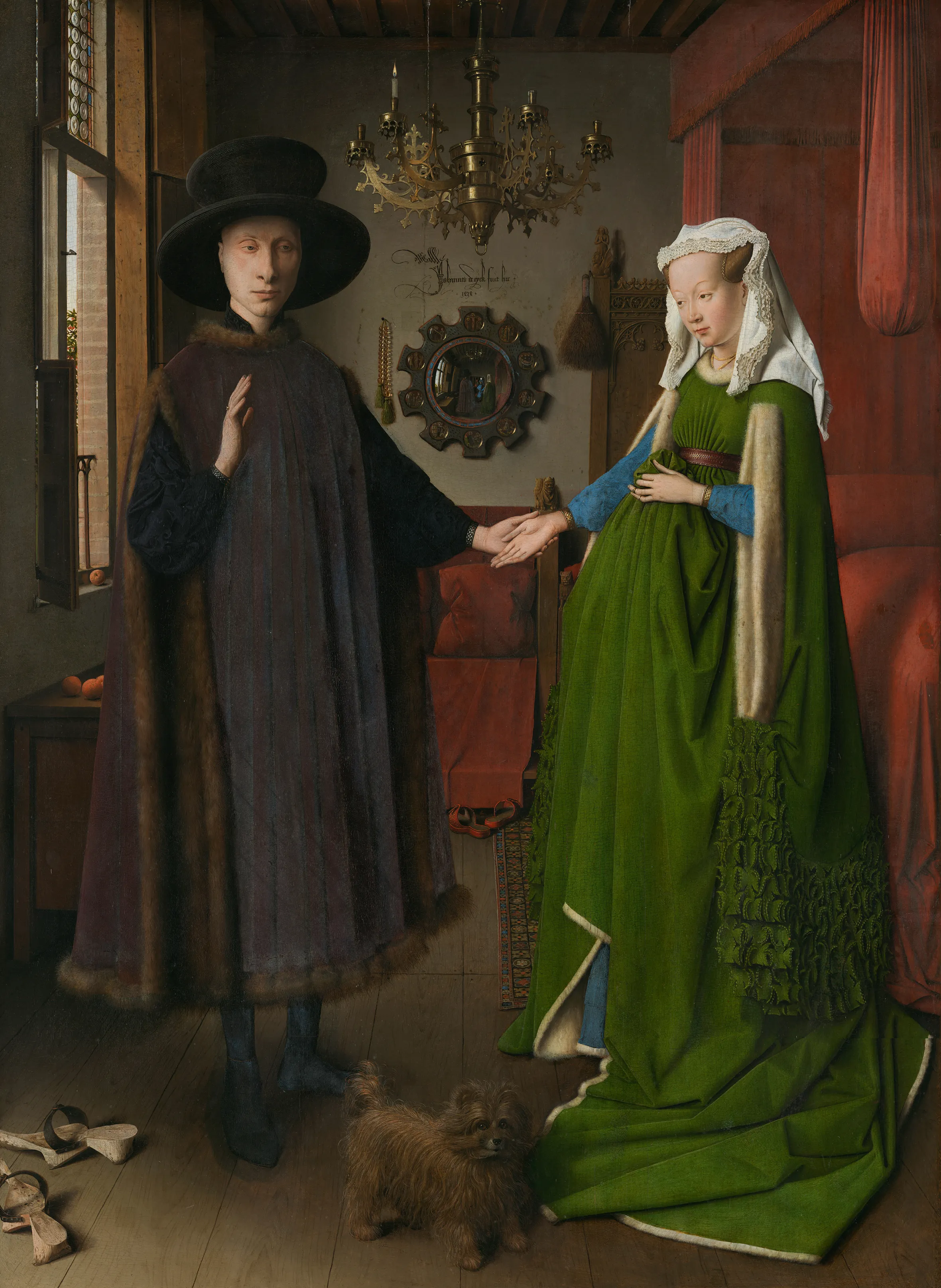 Illustration of Jan van Eyck's "The Arnolfini Portrait" (1434) featuring a man and woman holding hands in a room with a small dog at their feet.
