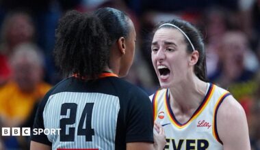 Caitlin Clark yells at referee Gerda Gatling