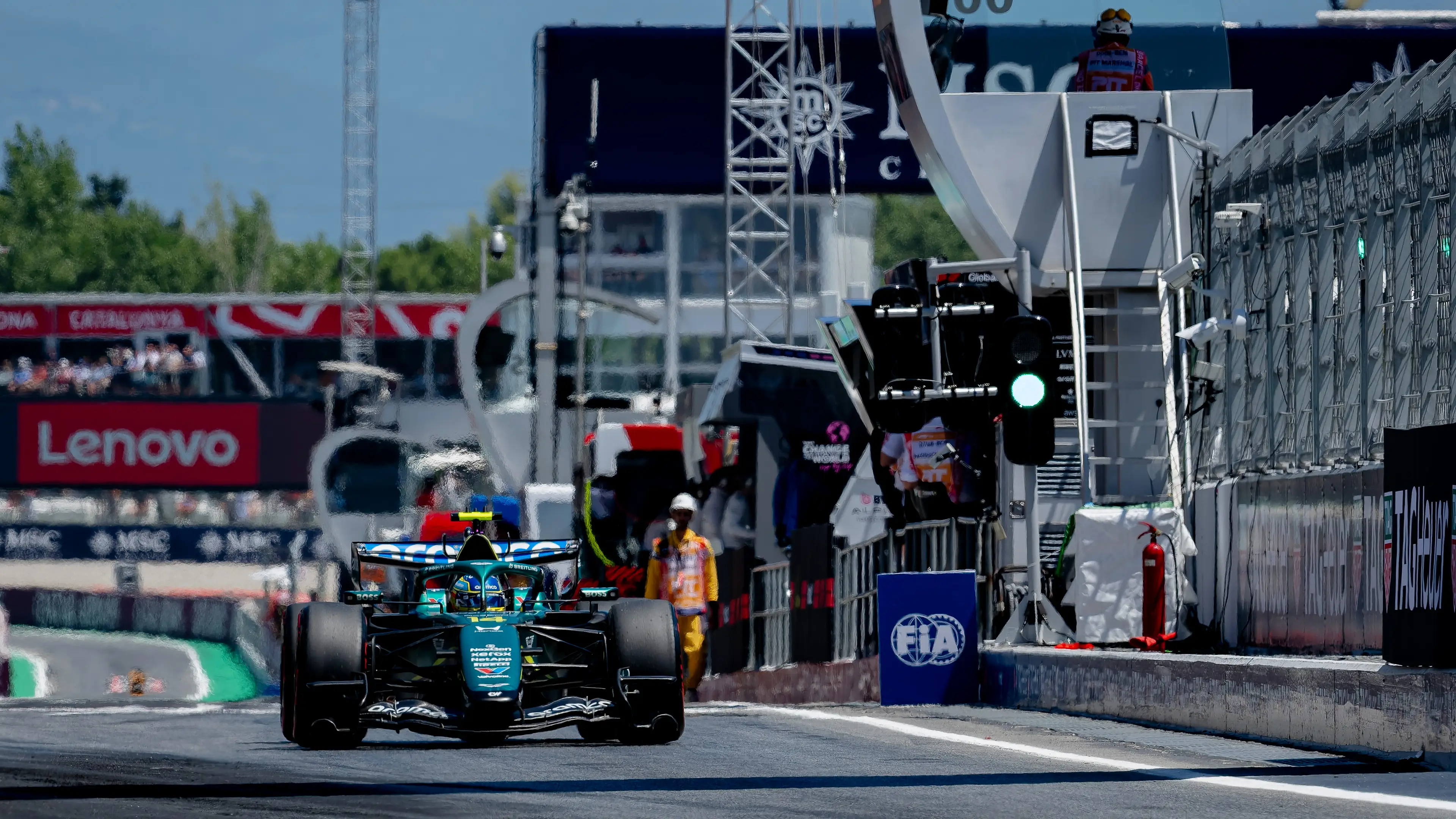 Formula 1 driver Fernando Alonso of the Aston Martin Aramco Formula 1 Team participates in the Formula 1 Spain-Catalonia