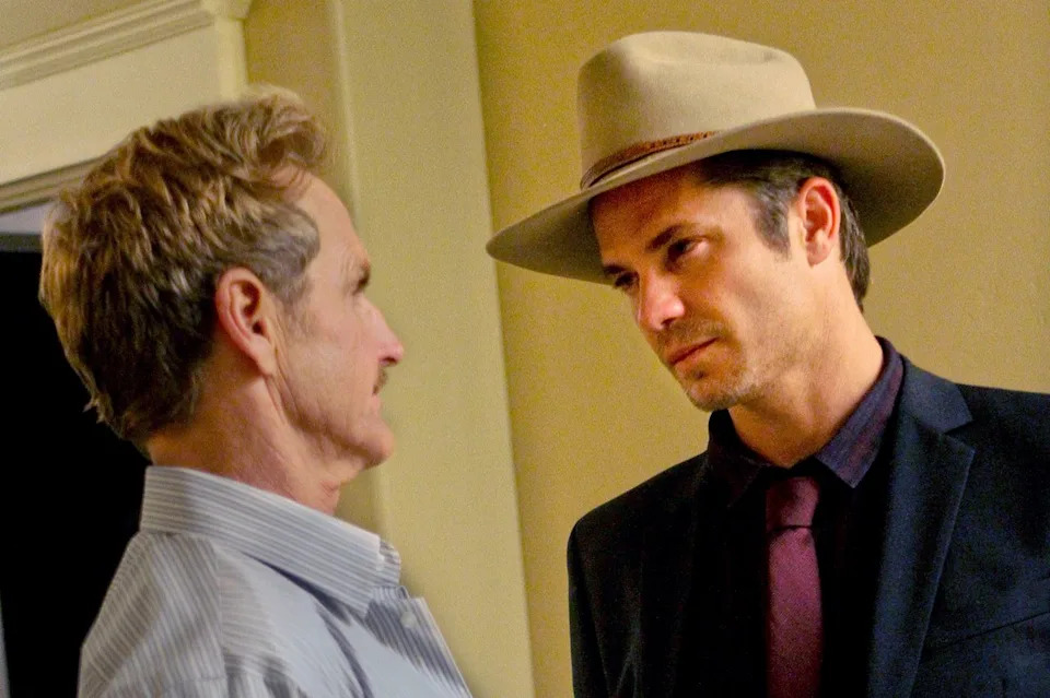 Timothy Olyphant as Raylan Givens and Jere Burns as Wynn Duffy in Justified.Credit: Anne Cusack/Los Angeles Times via Getty