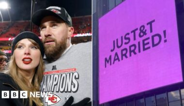 Dior dress, Adam Sandler and a man of honour: what we know about Taylor and Travis's wedding - BBC