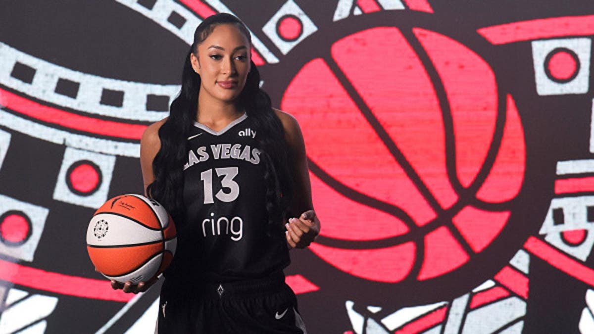 Aaliyah Nye #13 stands during Las Vegas Aces media day filming.