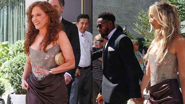 Side-by-side photo showing Abigail Anderson and Juju Smith-Schuster's fiance Laura wearing the same dress
