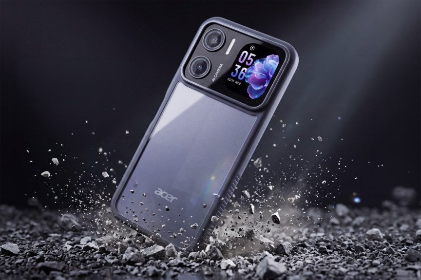a falling Acer Sospiro A15 phone landing on its corner with a dramatic spray of rubble