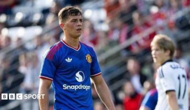 Manchester United forward Shea Lacey wears the club's blue kit in the friendly against Rosenborg