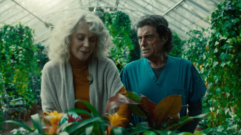 Demeter working in a greenhouse with Mr. Wednesday speaking