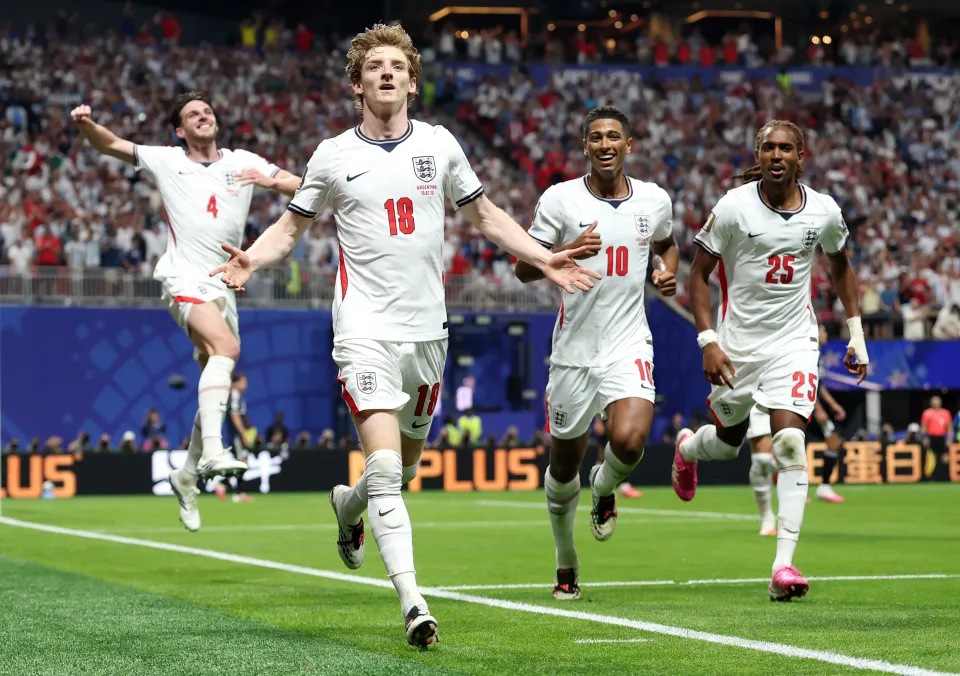 Anthony Gordon celebrates scoring against Argentina