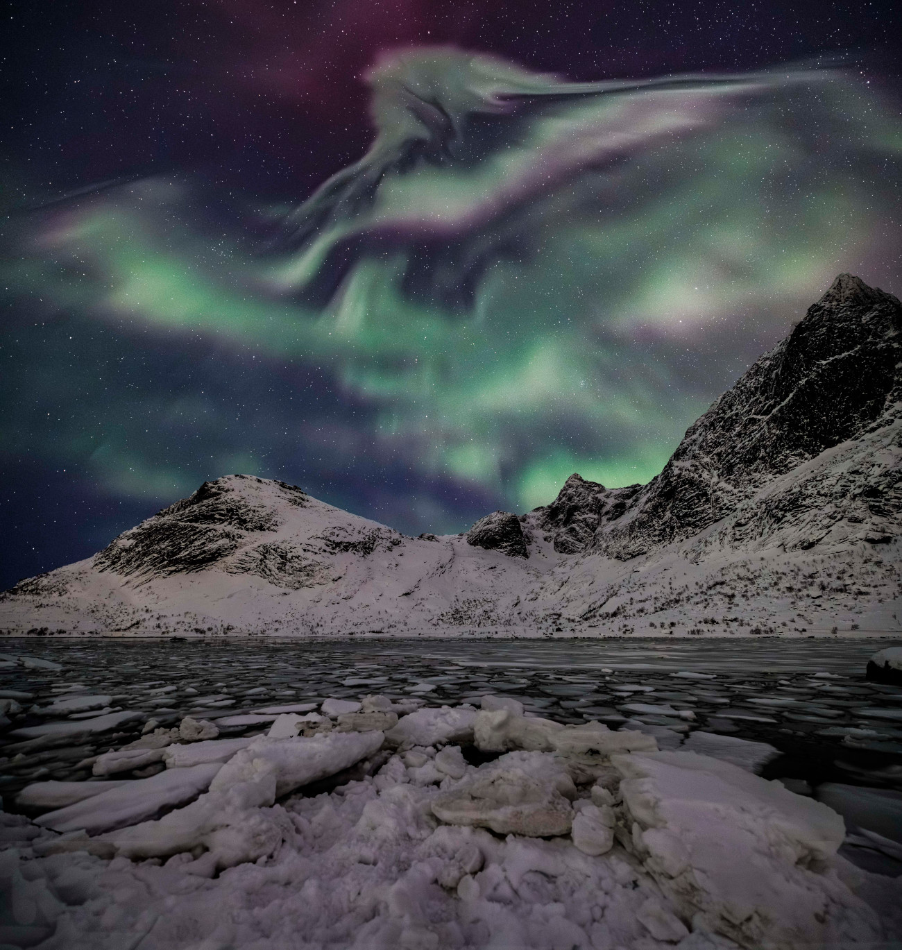 Aurorae. Eagle Aurora © Jennifer Rogers (UK). This image captures an incredible aurora over the mountain peaks at Flakstadpollen in the Lofoten Islands. Jennifer Rogers had seen this bay full of ice earlier in the day and wanted to find it again at night. After setting up the camera, Rogers looked up to see the aurora pulsing across the sky, moving very quickly and creating striking shapes. Within the display, Rogers could see the shape of an eagle spreading its wings over the mountains. Taken with an astro-modified Canon EOS R6 Mk II camera, 15 mm f/2.8, Foreground: ISO 3200, 2 x 8-second exposures; Sky: ISO 6400, 2-second exposure Location: Flakstad, Lofoten, Norway, 19 February 2026