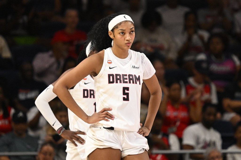Atlanta Dream forward Angel Reese (5) waits for play to start against the Washington Mystics.