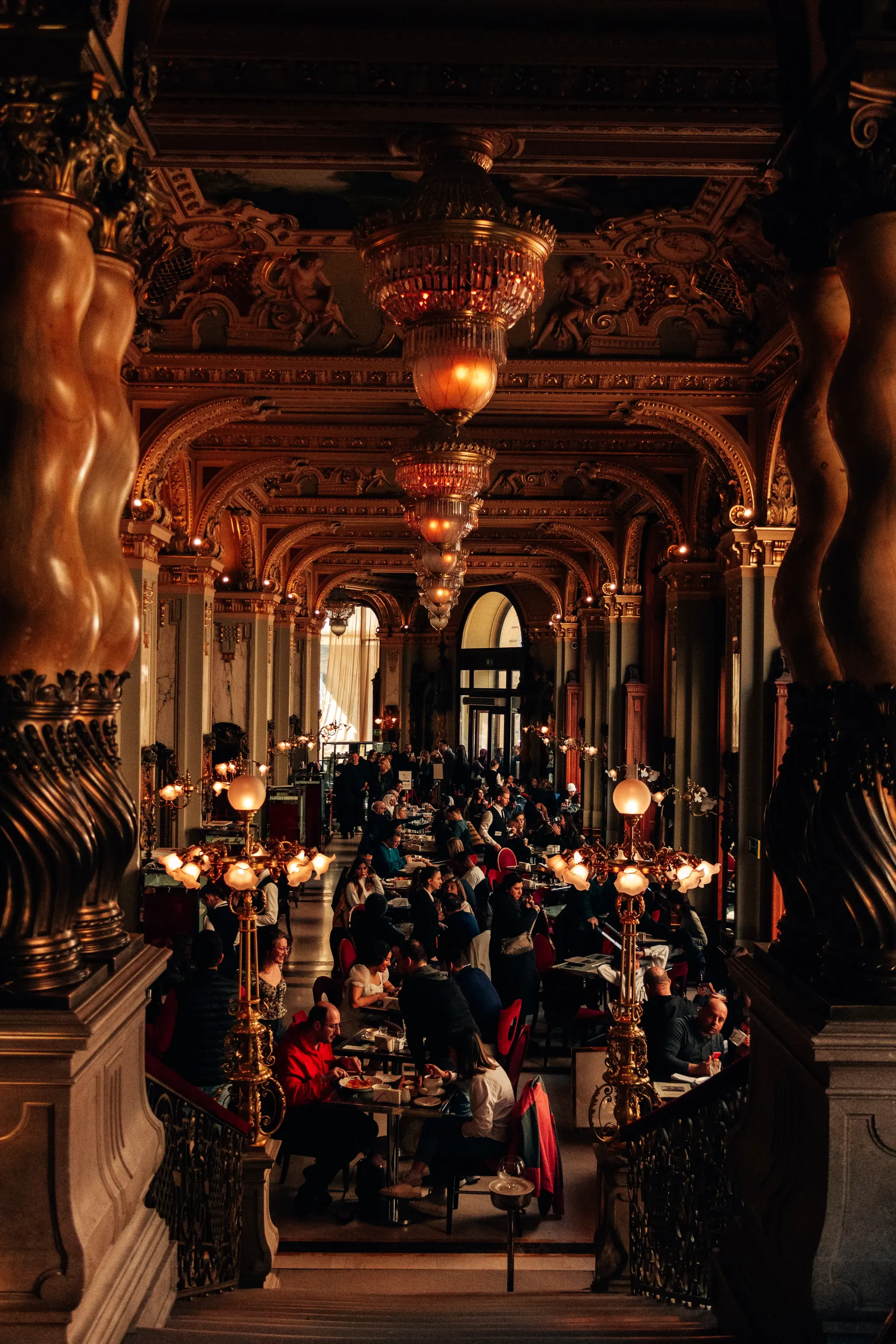 Elegant interior of the New York Café, one of Budapest's most famous cafés.