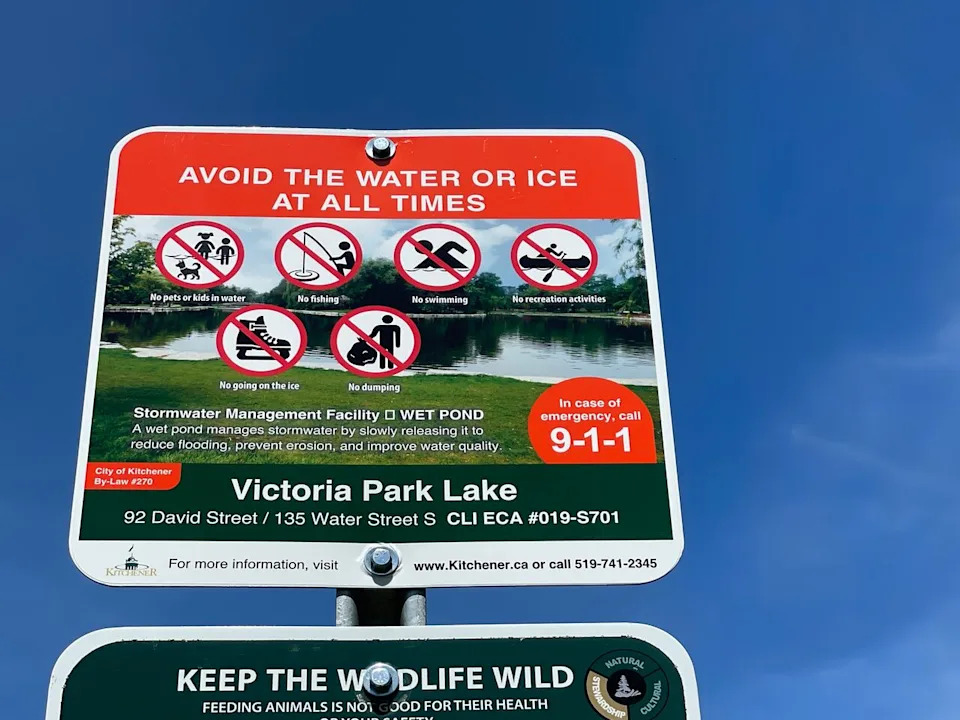 A newly installed sign at the water in Victoria Park says going in the water for any reason, including fishing, boating, swimming or skating, is prohibited.