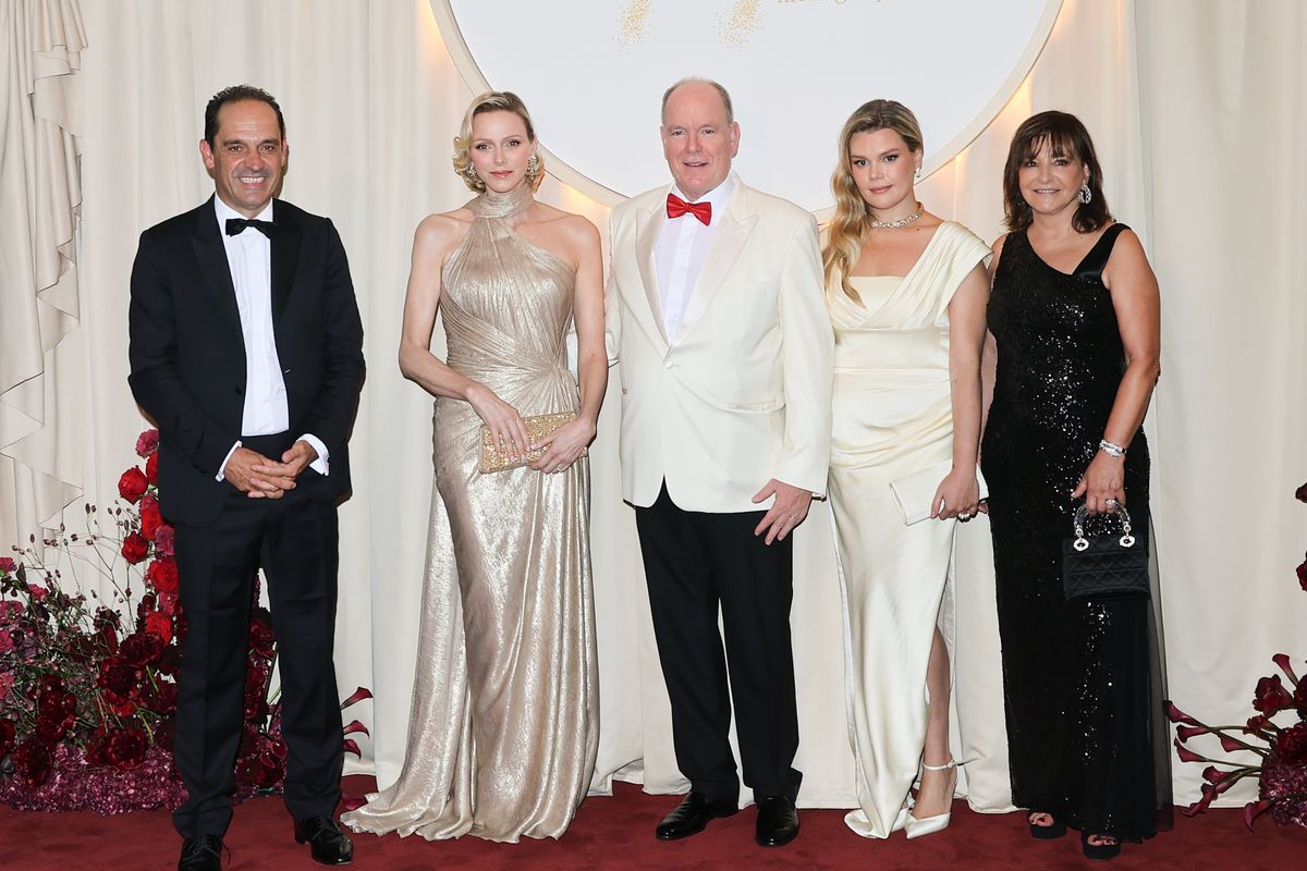 Frédéric Platini, Princess Charlene, Prince Albert II, Camille Gottlieb and Bettina Dotta attend the 77th Monaco Red Cross Ball at Sporting Monte-Carlo.