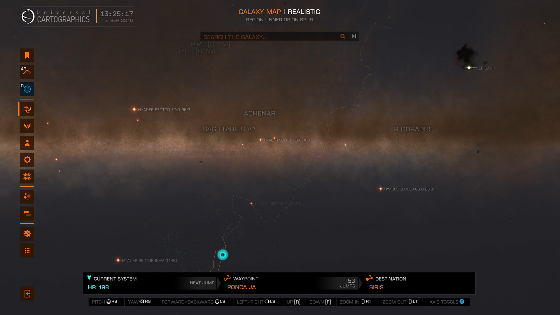 Screenshot from the space exploration game Elite Dangerous showing the map of the Milky Way.