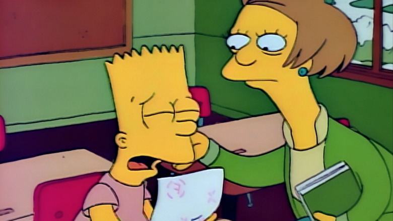 Mrs. Krabapple comforts Bart as he cries in "Bart Gets an 'F'"