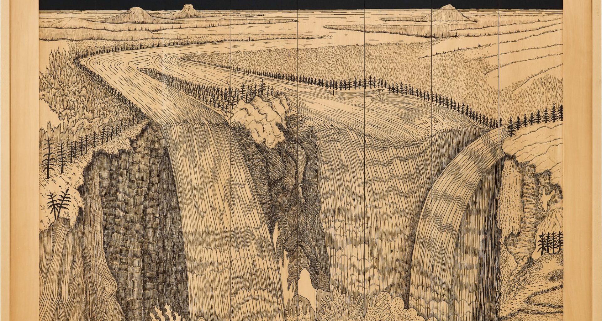 a pen-and-ink drawing on a wooden surface featuring a huge waterfall amid a flat landscape with a huge cliff