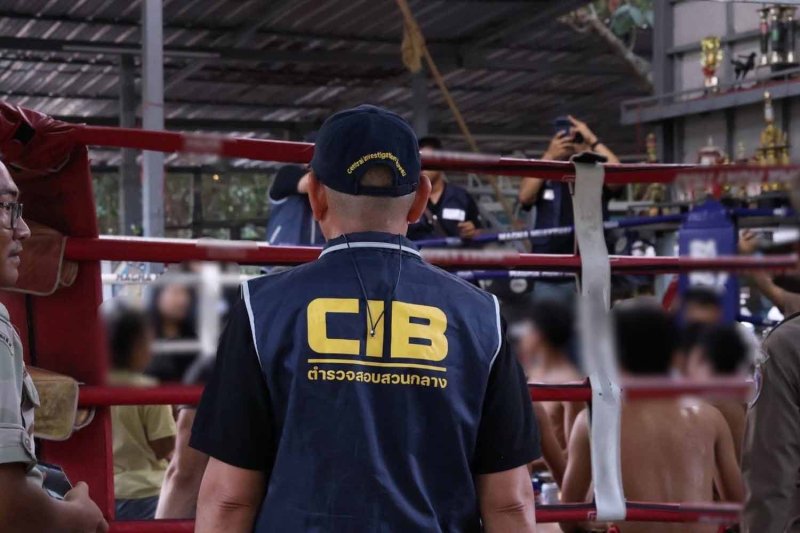Police raid the boxing camp in Rayong on Tuesday. Police photo