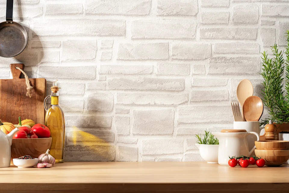 Kitchen counter with vegetables, olive oil, and cooking utensils against a brick wall backdrop