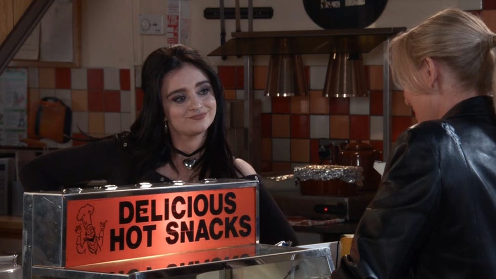 Coronation Street Nina Lucas food stall serving hot snacks