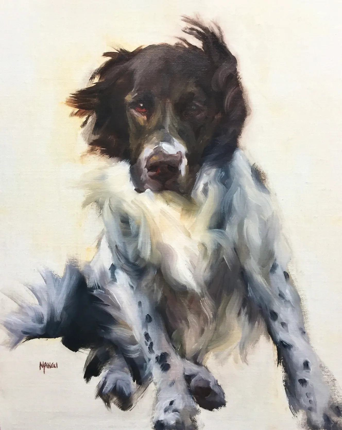 Illustration of a brown and white Springer Spaniel dog with wind-blown fur, painted by Johanne Mangi.