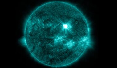 view of the sun showing a bright eruption near the center, this is the x-class flare erupting on June 30.