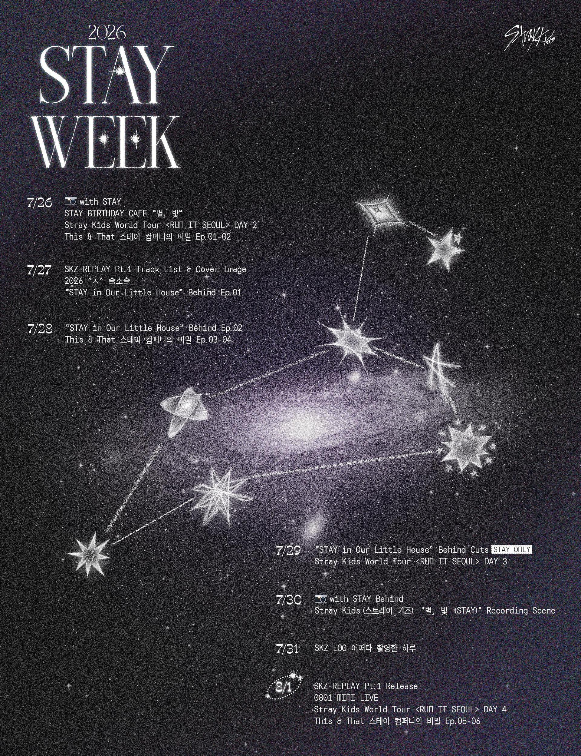 A timetable poster for '2026 STAYweeK,' a weeklong series of content celebrating the eighth anniversary of K-pop boy band Stray Kids' official fandom / Courtesy of JYP Entertainment